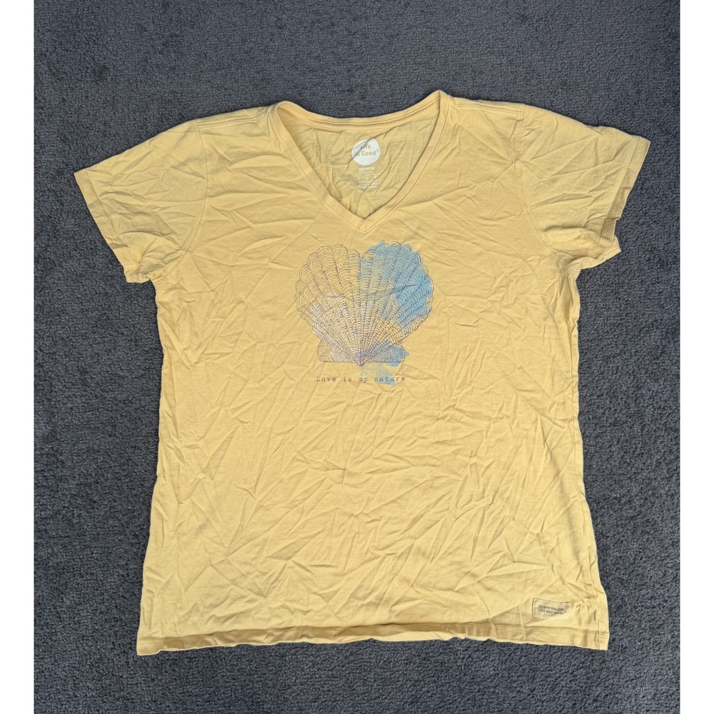 Life is Good Yellow Seashell Heart Graphic V-Neck T-Shirt Womens Large